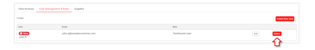 Delete button on a user row