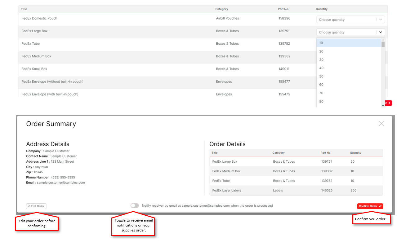 Order Summary preview showing selected supplies