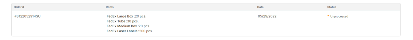 Supplies order appearing in the list view with status