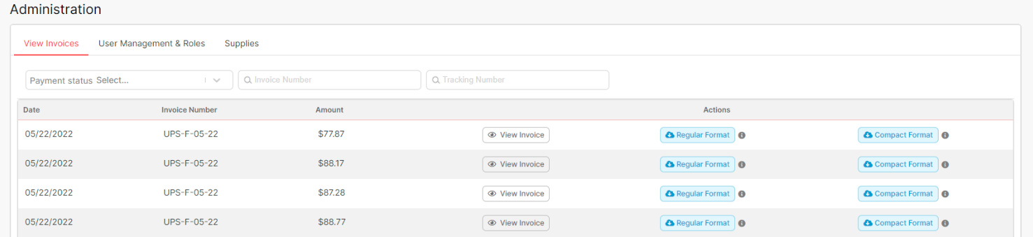 The Invoices tab within the Admin page