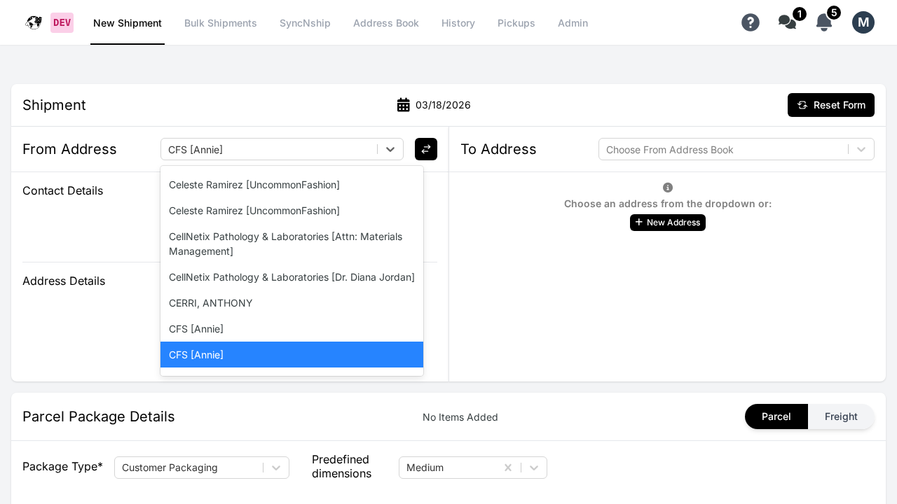 WebShip Ship Page showing From Address dropdown with address options