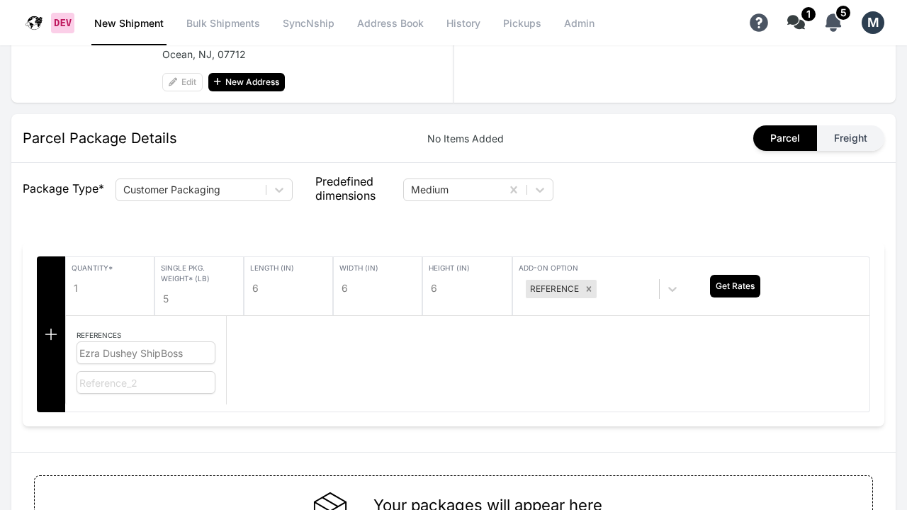 WebShip Package Details section with package type, dimensions, quantity, and weight fields