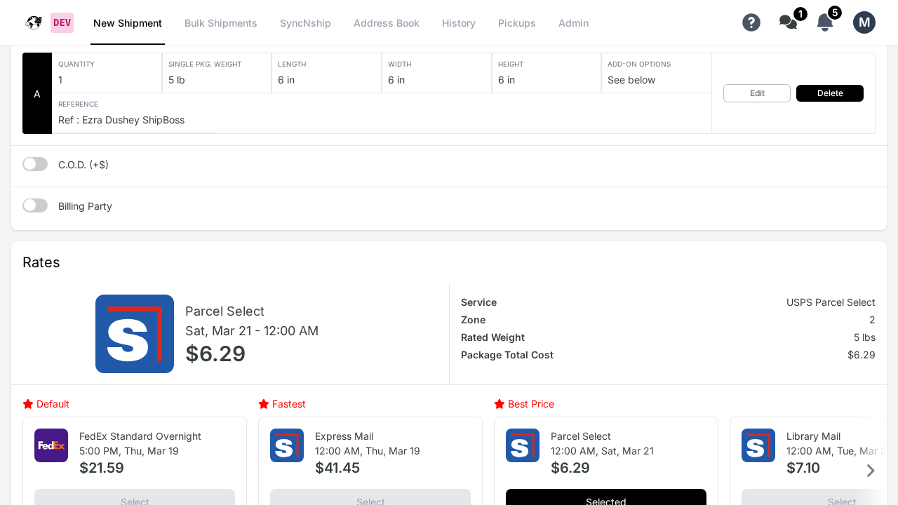 WebShip rate detail breakdown showing service, zone, weight, and cost