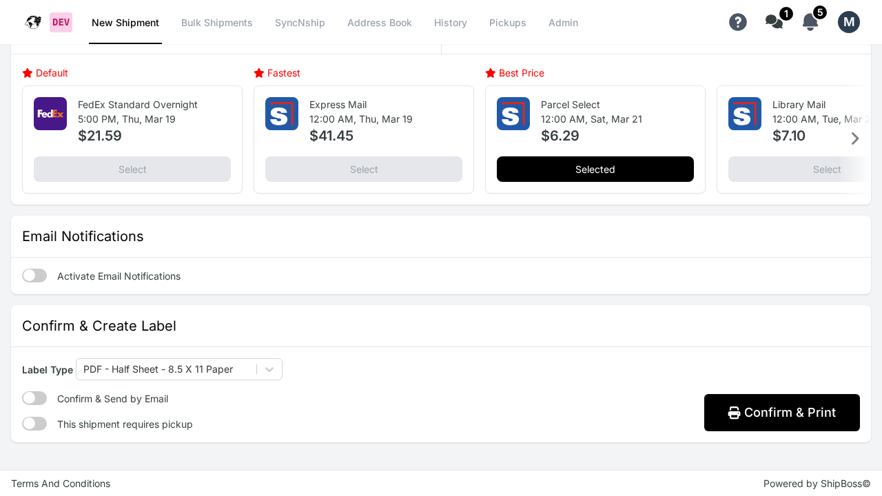 WebShip Email Notifications section with Activate Email Notifications toggle