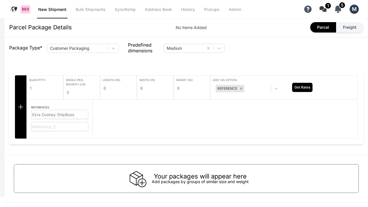 WebShip Package Details showing the Add-On option with Reference selected and reference input fields