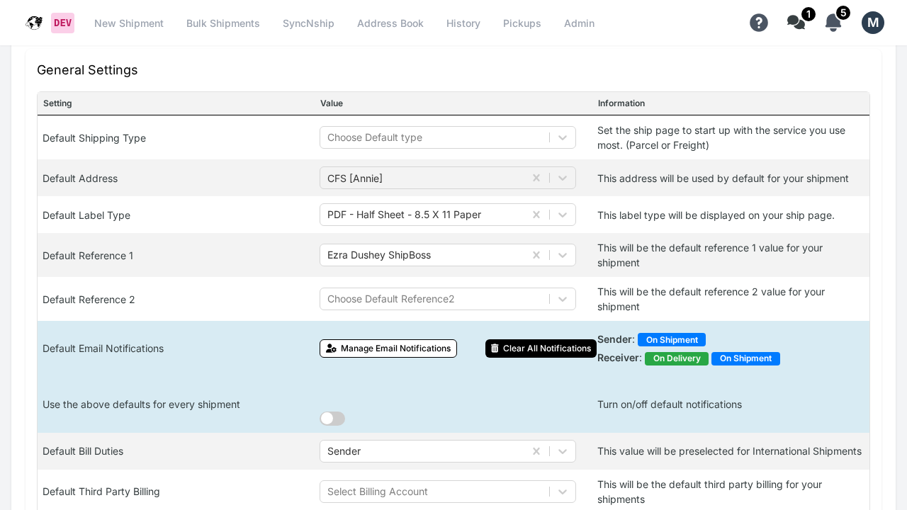 WebShip General Settings showing Default Reference 1 and Default Reference 2 dropdowns
