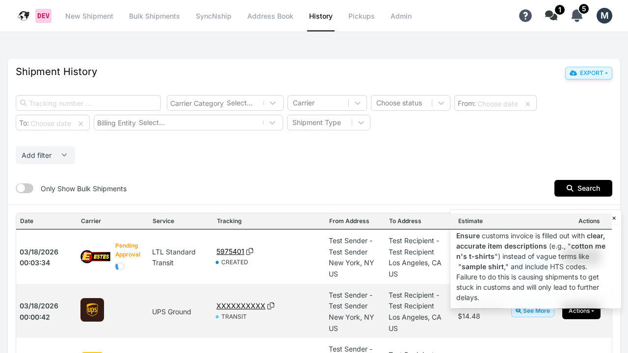 WebShip History page showing shipment list with tracking numbers and filters