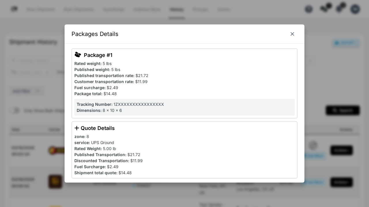 WebShip Package Details floating window showing weight, rates, tracking number, and dimensions