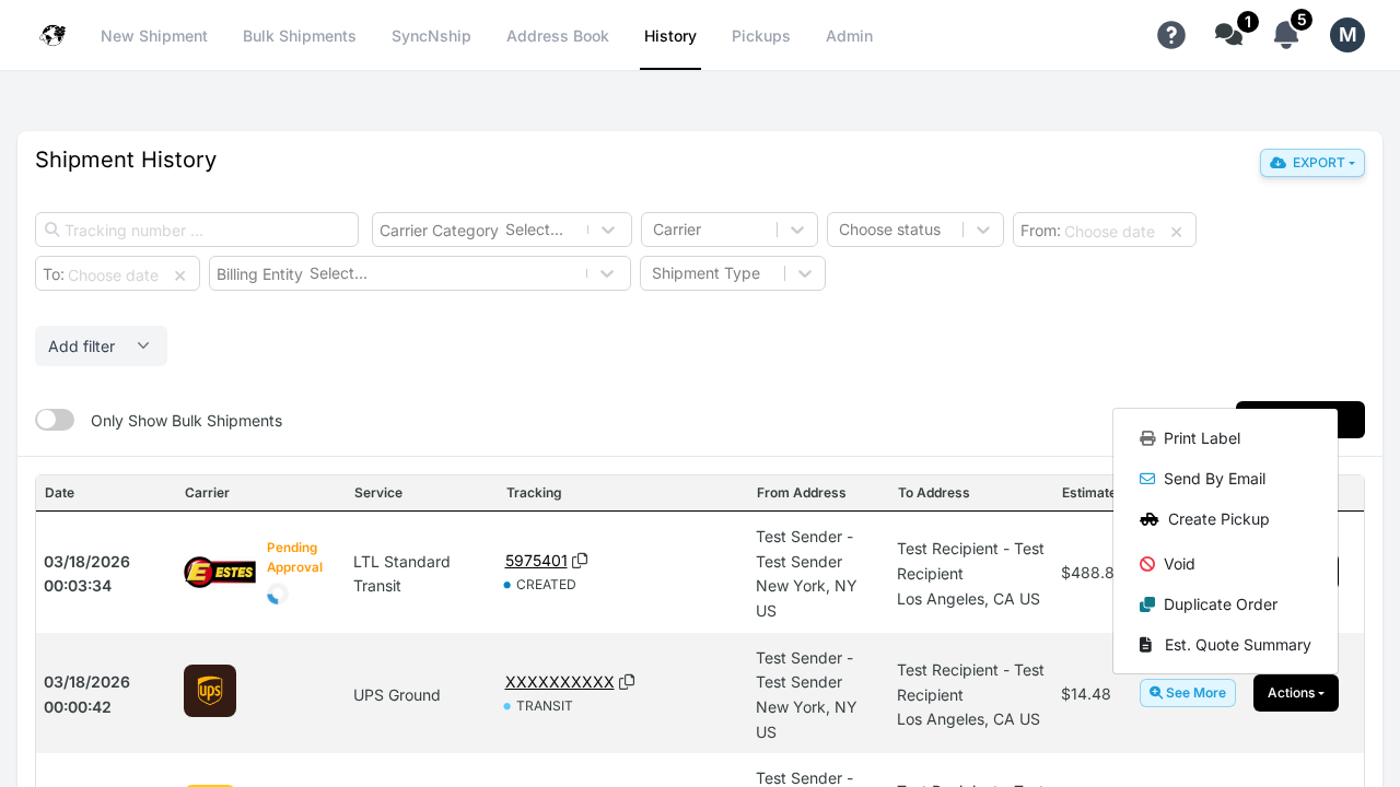 WebShip Actions dropdown menu showing Print Label, Send By Email, Create Pickup, Void, and Duplicate Order options