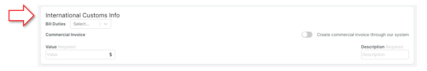 International Customs Info section in WebShip