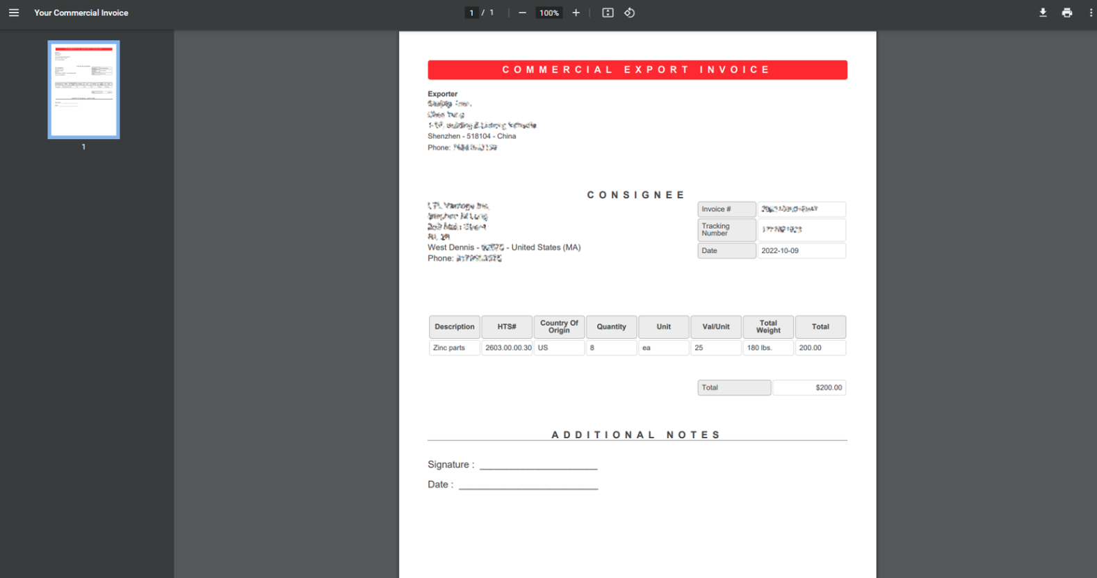 Commercial invoice preview ready to print or download