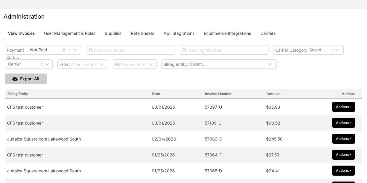 WebShip Admin page with View Invoices tab selected showing the invoice list