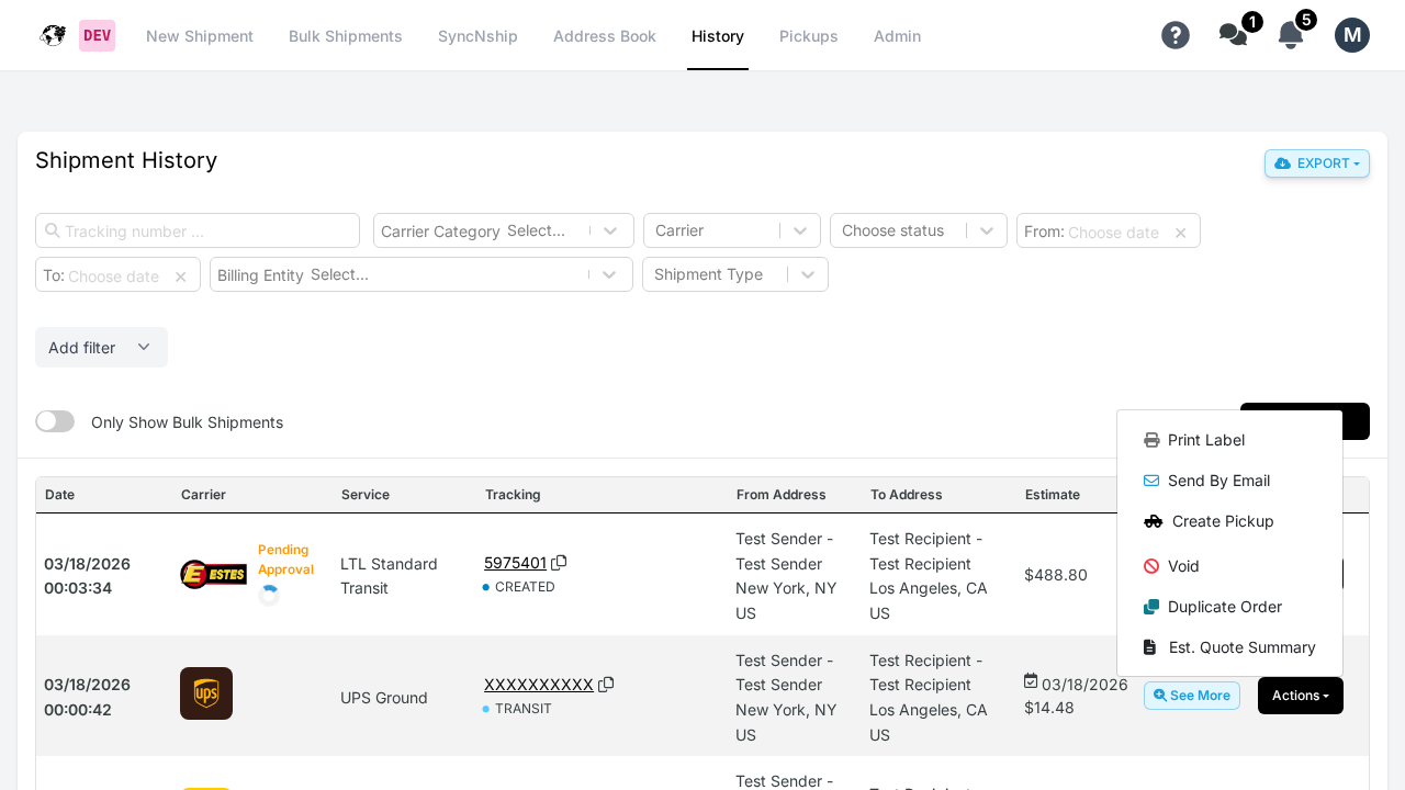 WebShip History page with Actions dropdown showing Print Label option
