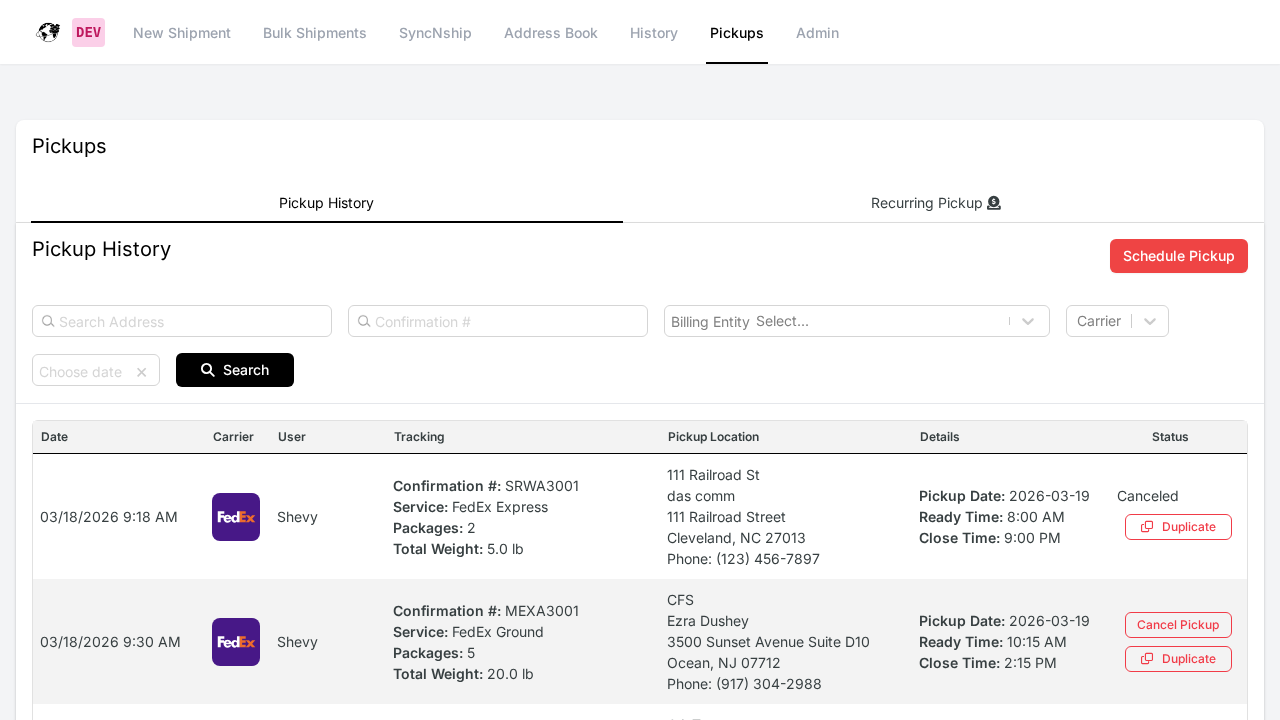 WebShip Pickups page showing the Schedule Pickup button