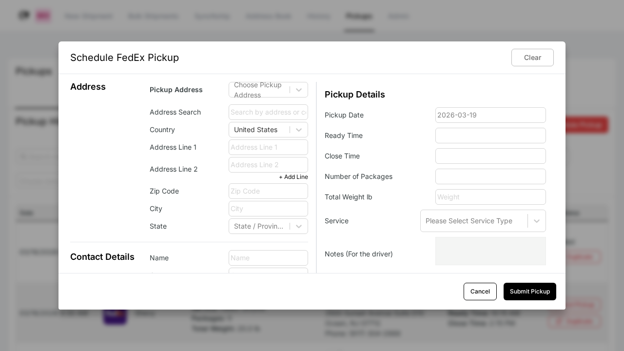 WebShip Schedule Pickup form with address, contact, and pickup detail fields