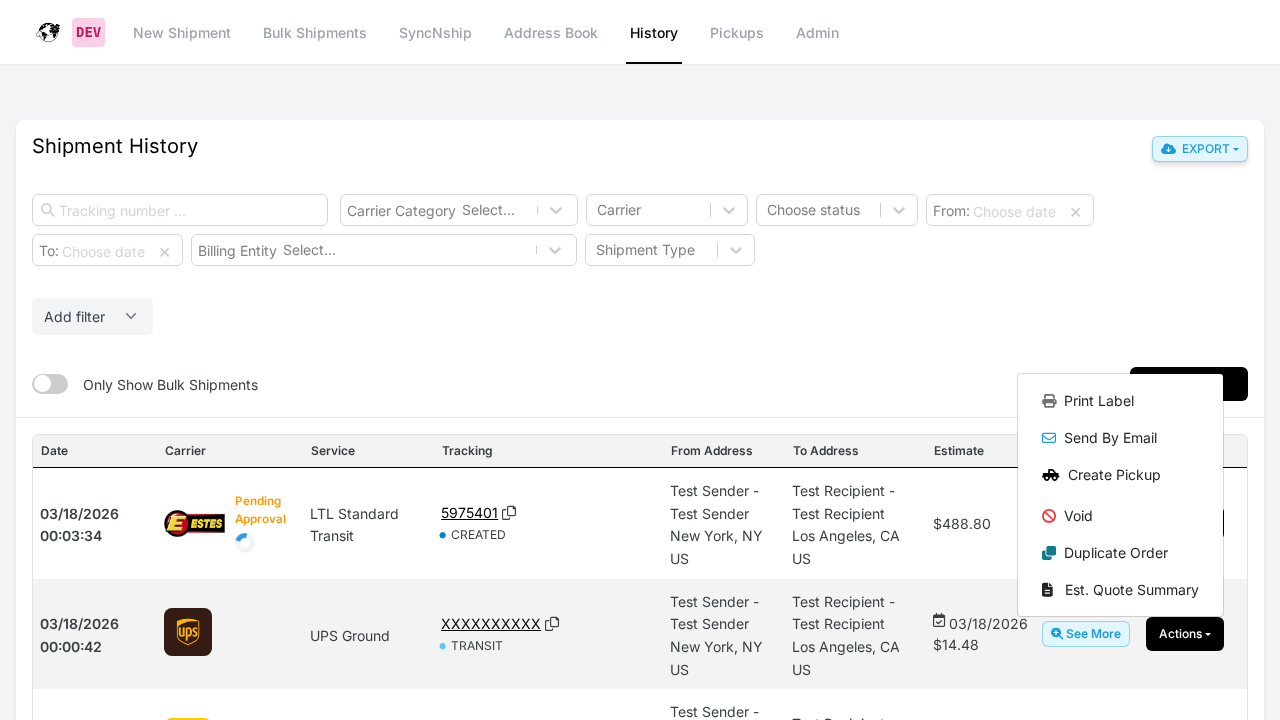 WebShip History page with Actions dropdown showing Create Pickup option