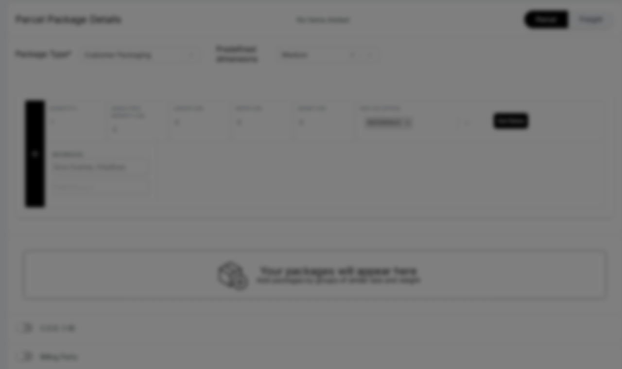 WebShip Package Details section with package type, dimensions, and weight fields