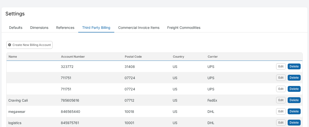 Third Party Billing settings tab showing saved billing accounts for UPS, FedEx, and DHL